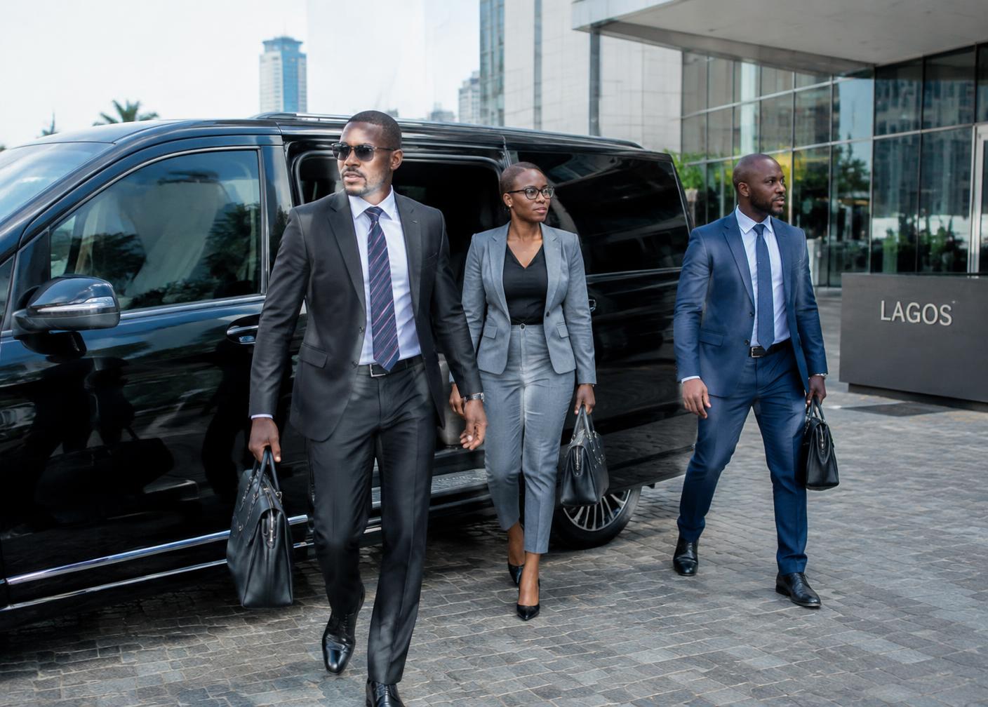 Colleagues arriving at an office building from a company vehicle