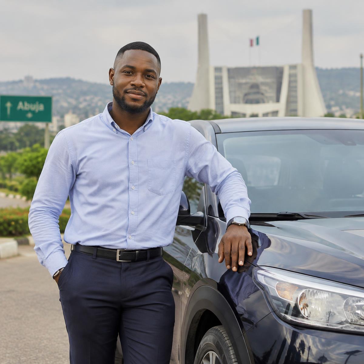 A professional driver standing beside his car